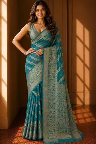 Teal woven design zari organza banarasi saree