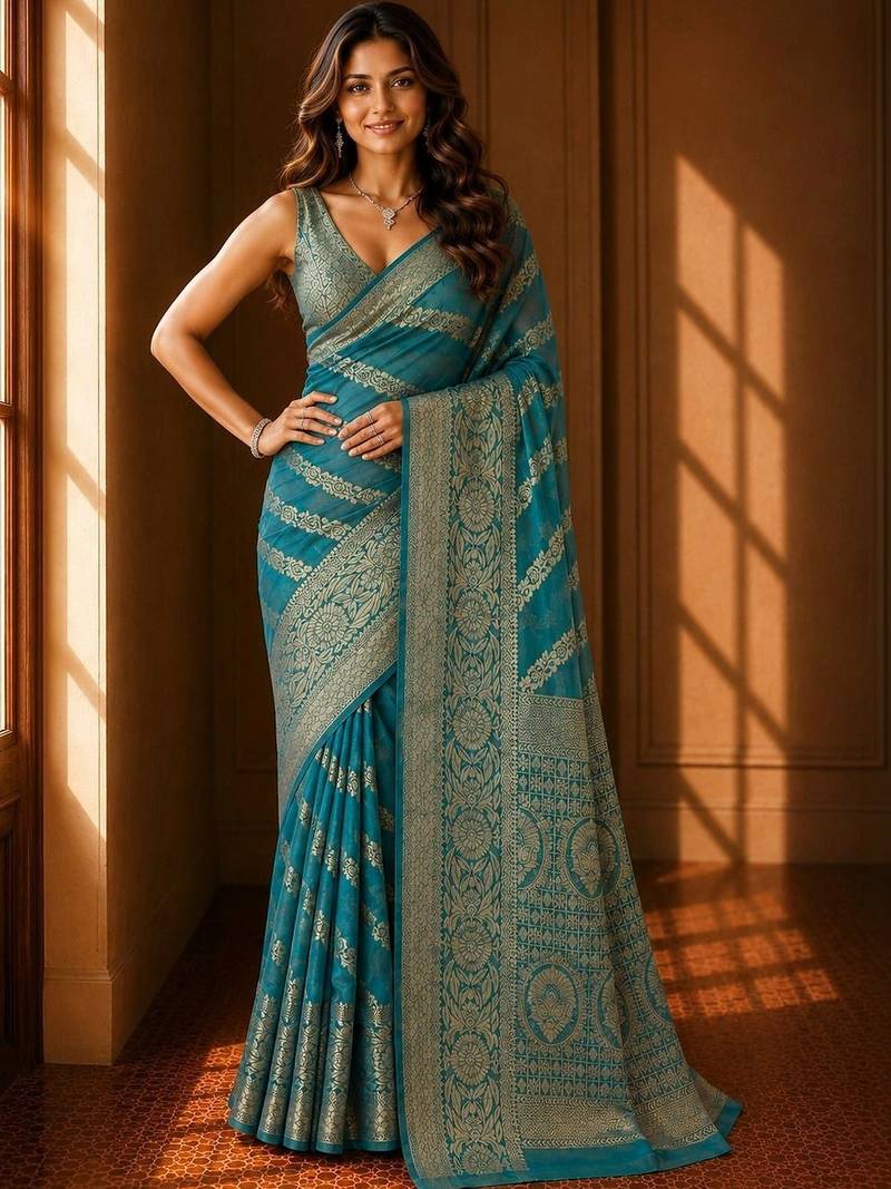Teal woven design zari organza banarasi saree