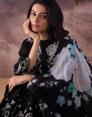 Black embroidered pure cotton kurta trouser dupatta set 1