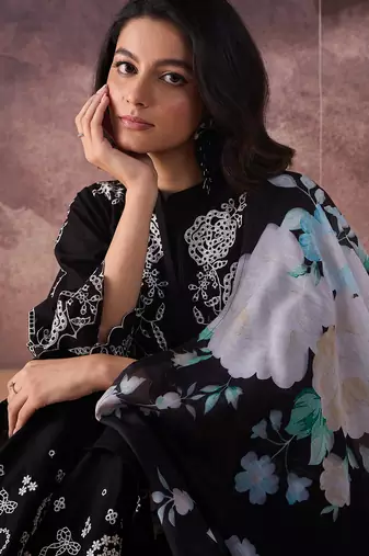Black embroidered pure cotton kurta trouser dupatta set