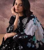 Black embroidered pure cotton kurta trouser dupatta set