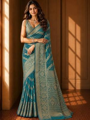 Teal woven design zari organza banarasi saree 3