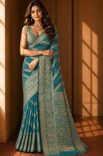 Teal woven design zari organza banarasi saree