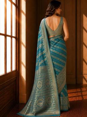 Teal woven design zari organza banarasi saree 4
