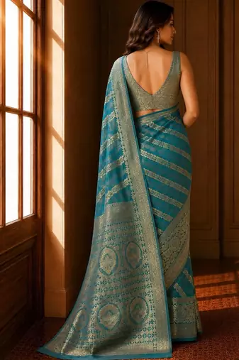 Teal woven design zari organza banarasi saree