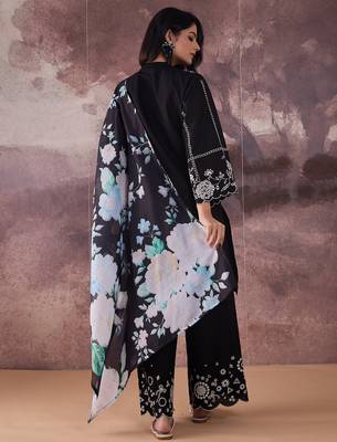 Black embroidered pure cotton kurta trouser dupatta set 2