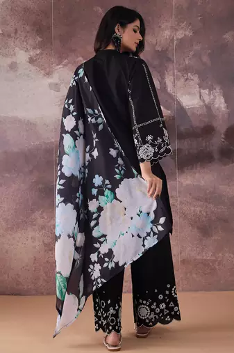 Black embroidered pure cotton kurta trouser dupatta set