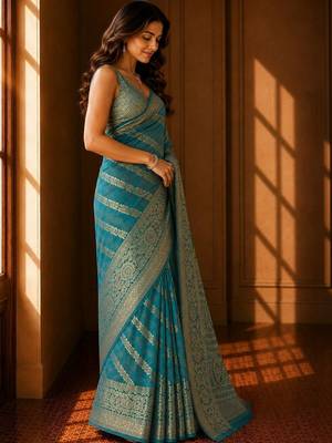 Teal woven design zari organza banarasi saree 5