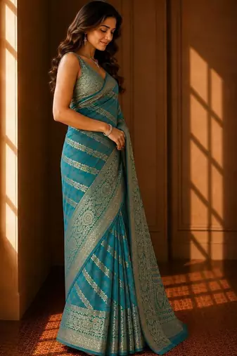 Teal woven design zari organza banarasi saree