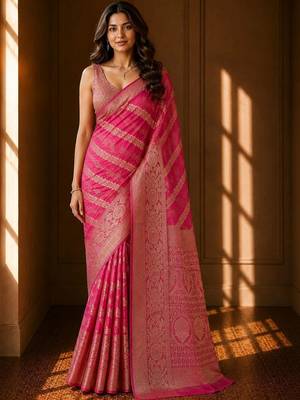 Pink woven design zari organza banarasi saree 1
