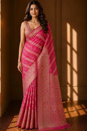 Pink woven design zari organza banarasi saree