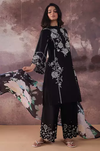 Black embroidered pure cotton kurta trouser dupatta set