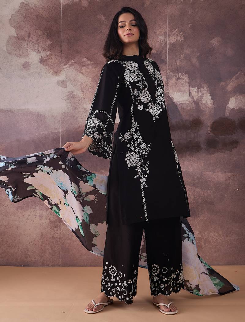 Black embroidered pure cotton kurta trouser dupatta set