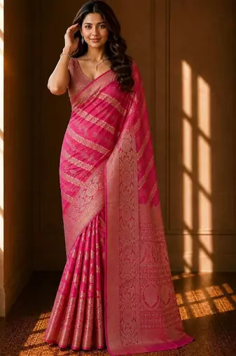 Pink woven design zari organza banarasi saree