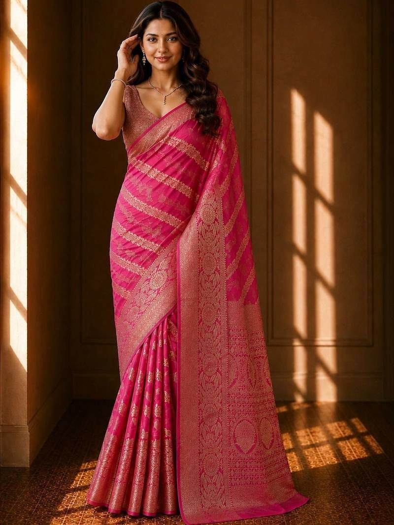 Pink woven design zari organza banarasi saree