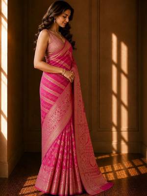 Pink woven design zari organza banarasi saree 3