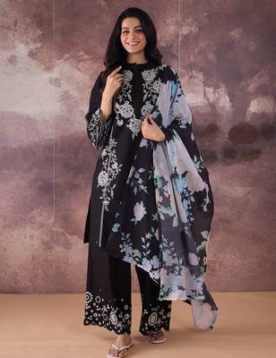 Black embroidered pure cotton kurta trouser dupatta set 4