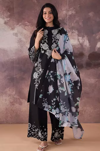 Black embroidered pure cotton kurta trouser dupatta set
