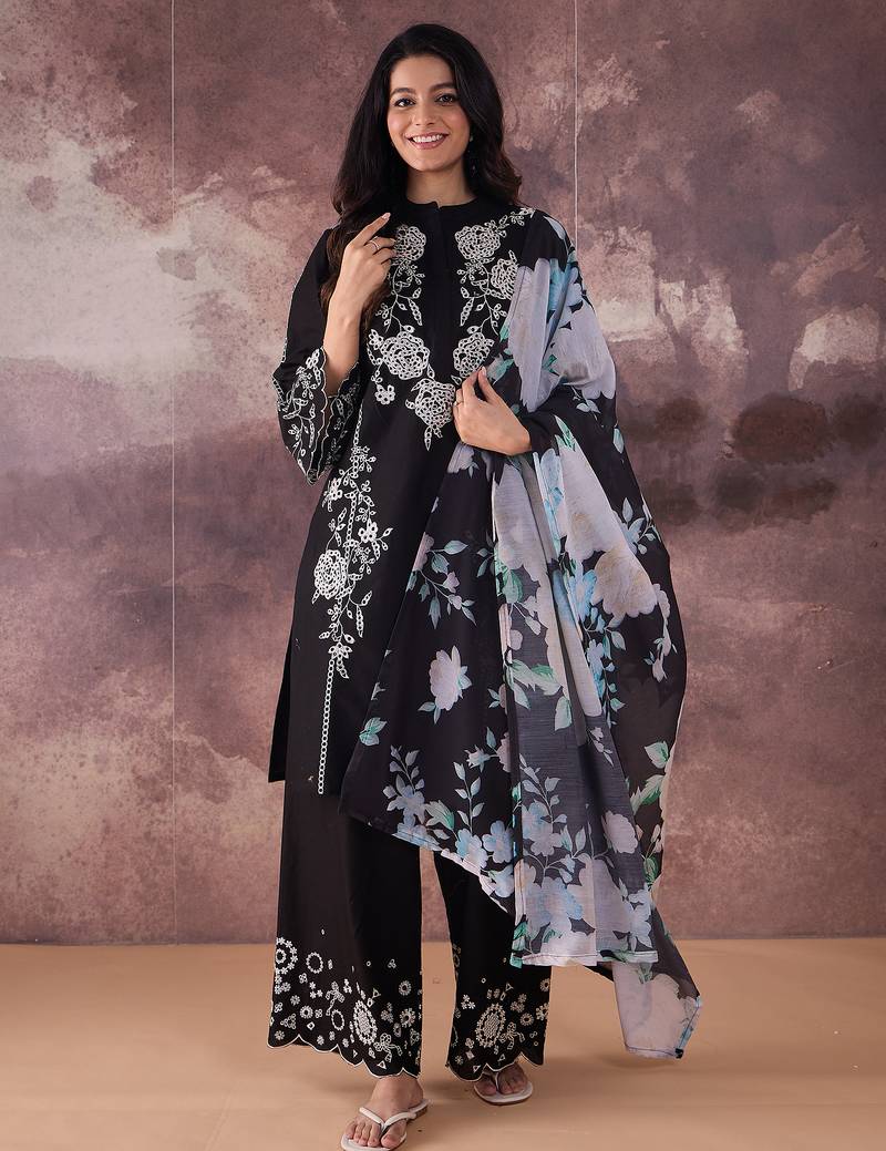 Black embroidered pure cotton kurta trouser dupatta set