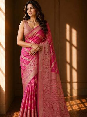 Pink woven design zari organza banarasi saree 4