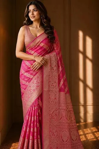 Pink woven design zari organza banarasi saree