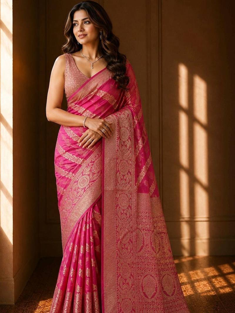 Pink woven design zari organza banarasi saree