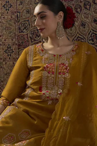 Mustard embroidered silk blend kurta trouser dupatta set