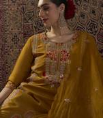 Mustard embroidered silk blend kurta trouser dupatta set