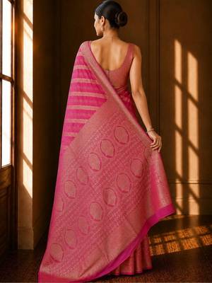 Pink woven design zari organza banarasi saree 5