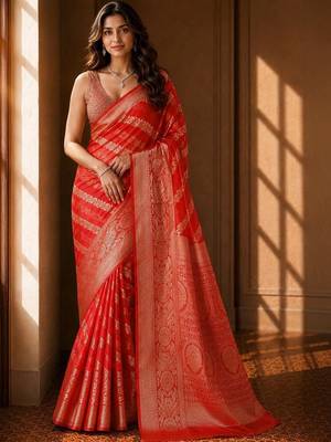 Red leheriya zari organza banarasi saree 1