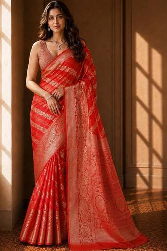 Red leheriya zari organza banarasi saree