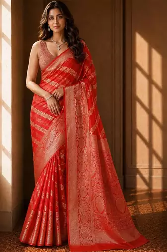 Red leheriya zari organza banarasi saree