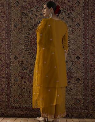 Mustard embroidered silk blend kurta trouser dupatta set 2