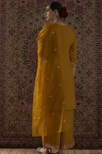 Mustard embroidered silk blend kurta trouser dupatta set