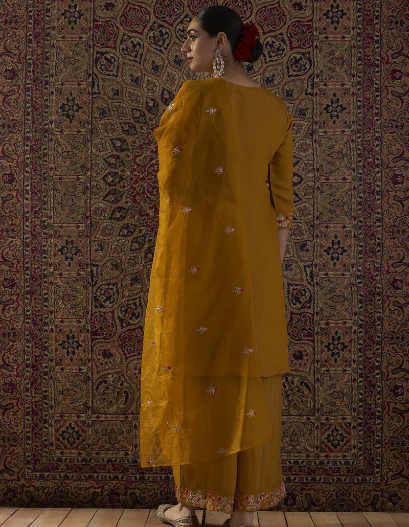 Mustard embroidered silk blend kurta trouser dupatta set