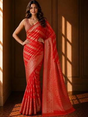 Red leheriya zari organza banarasi saree 2