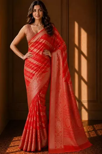 Red leheriya zari organza banarasi saree