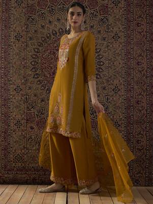 Mustard embroidered silk blend kurta trouser dupatta set 3