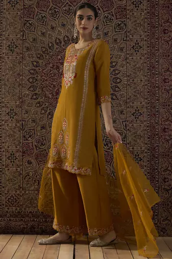 Mustard embroidered silk blend kurta trouser dupatta set
