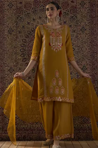 Mustard embroidered silk blend kurta trouser dupatta set