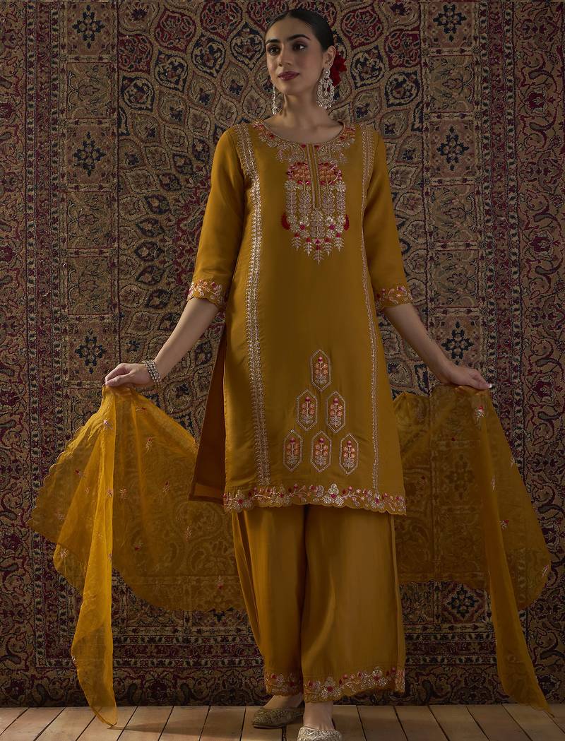Mustard embroidered silk blend kurta trouser dupatta set
