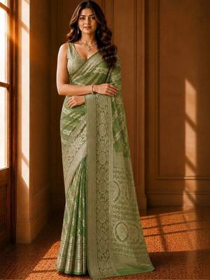 Olive floral zari organza banarasi saree 1