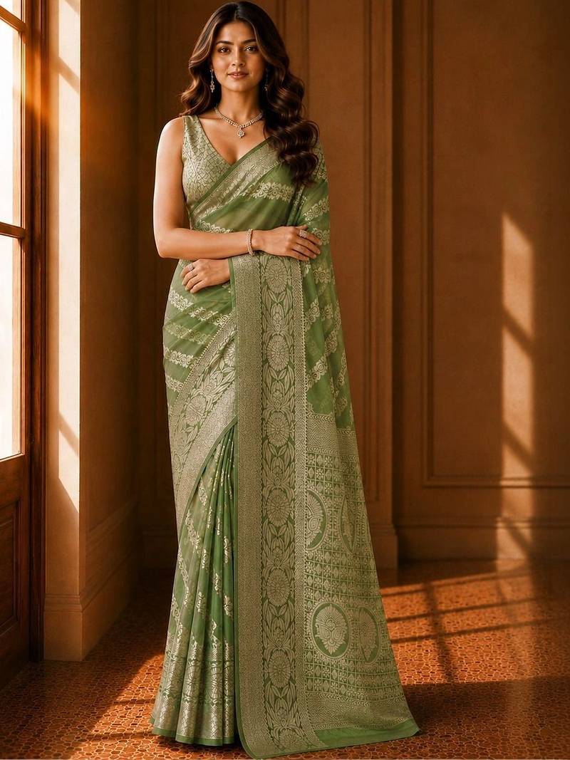 Olive floral zari organza banarasi saree