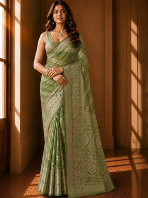 Olive floral zari organza banarasi saree 2