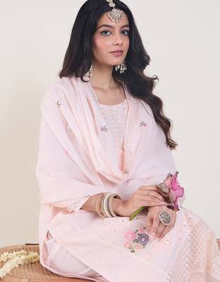 Pink embroidered pure cotton kurta trouser dupatta set 1
