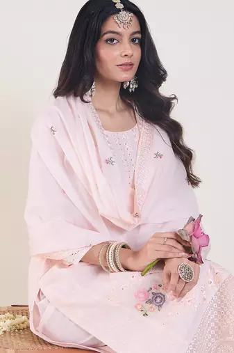 Pink embroidered pure cotton kurta trouser dupatta set