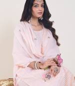 Pink embroidered pure cotton kurta trouser dupatta set