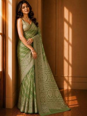 Olive floral zari organza banarasi saree 4