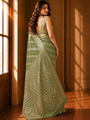 Olive floral zari organza banarasi saree 5