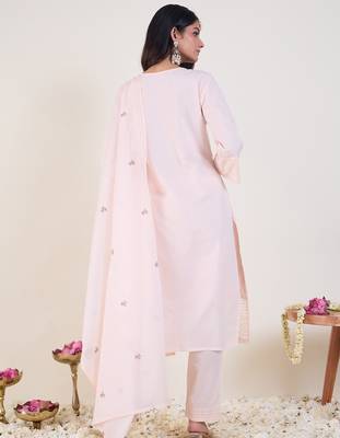 Pink embroidered pure cotton kurta trouser dupatta set 2